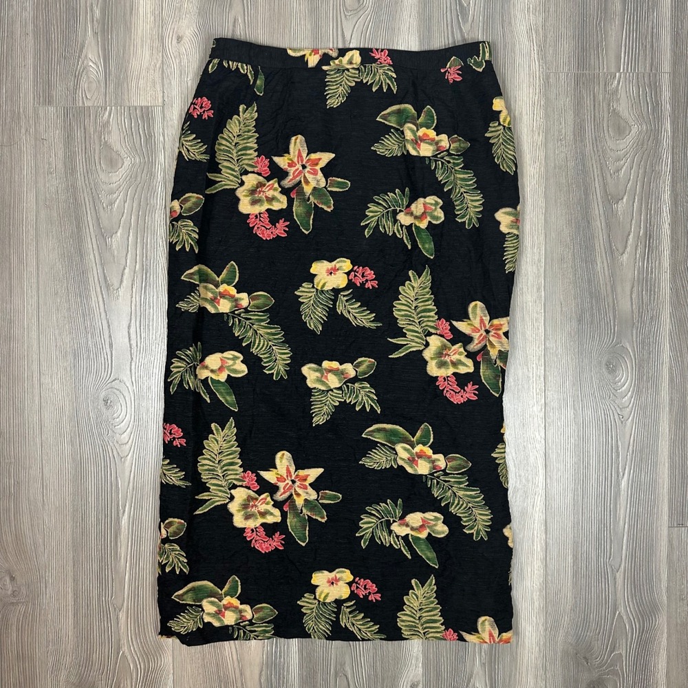 Ali Miles Black Tropical Print Silk & Linen Midi Skirt - SIZE 14 Summer Vacation